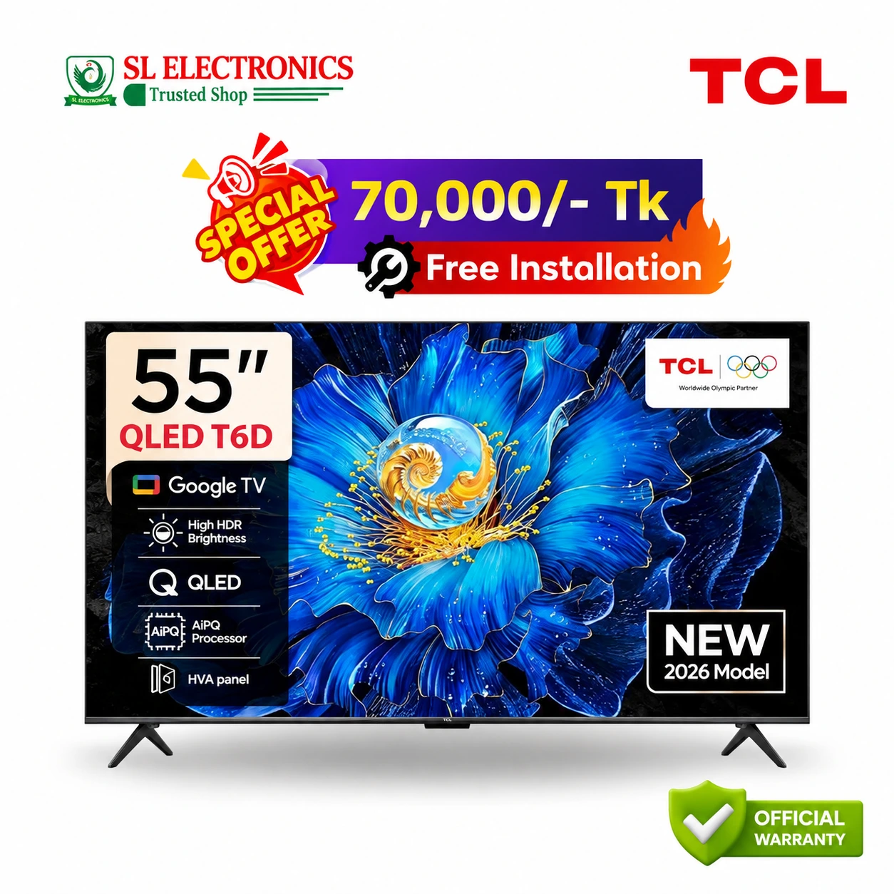 TCL 55 Inch QLED Voice Control 4k Google TV (55T6D)