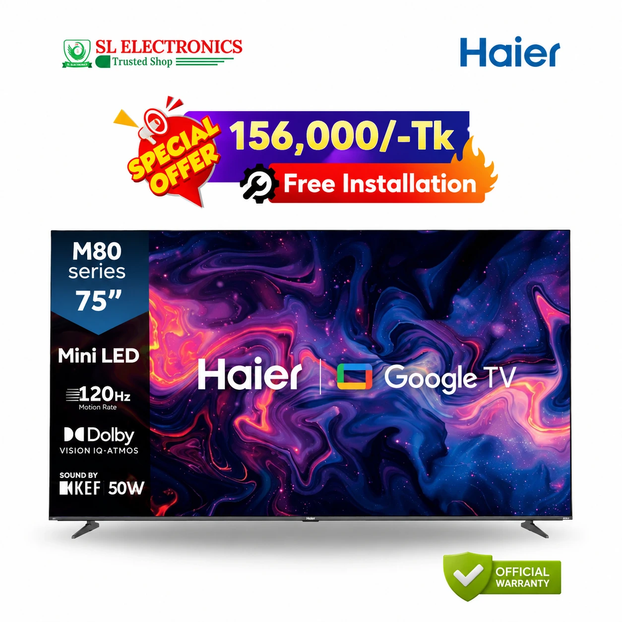 Haier 75 Inch 4K Mini LED  Google TV (H75M80FUX)